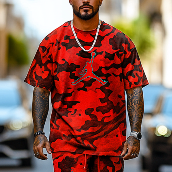 Unisex Basketball Red Camouflage Print Oversize T-shirt and Shorts Set