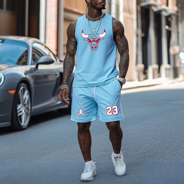 Unisex Basketball Sports Print Streetwear Light Blue Tank Top and Shorts Set
