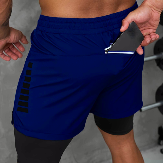 Men's Race Car Logo Print Deep Blue Double Layer Sports Shorts