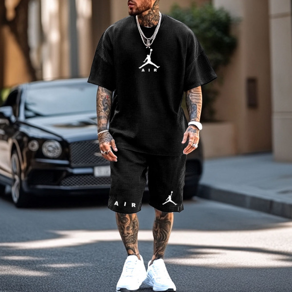 Unisex Waffle Knit Basketball Print Oversized Streetwear Black Short-Sleeved T-shirt and Shorts Set