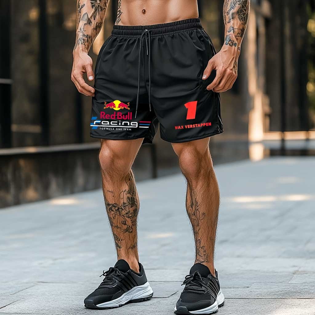Men's Racing Print Elastic Drawstring Black Sports Shorts
