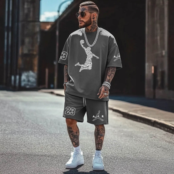 Unisex Basketball Take Off Print Oversized Streetwear Gray Short-Sleeved T-shirt and Shorts Set