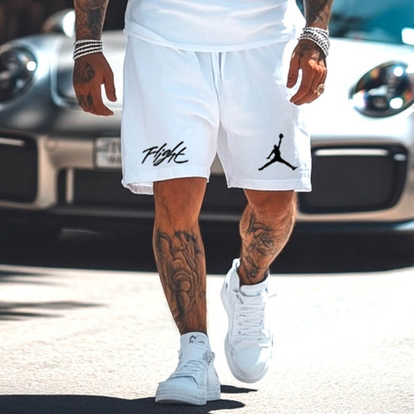 Unisex Basketball Flight Print Streetwear White Tank Top and Shorts Set