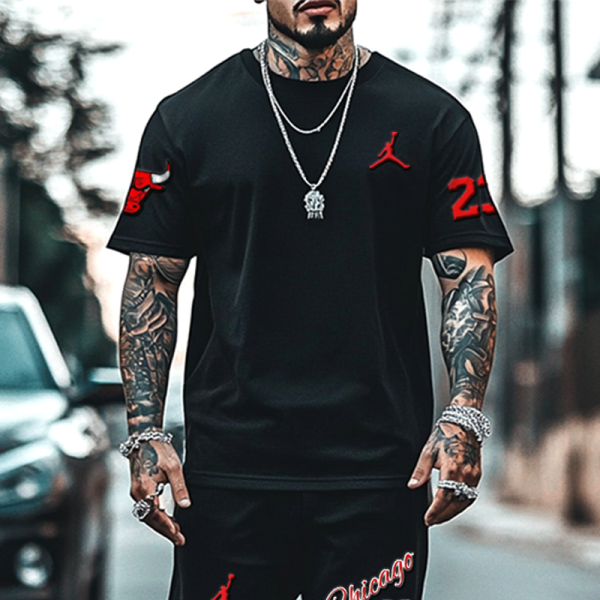 Unisex Oversize Basketball Print Black T-shirt and Shorts Set