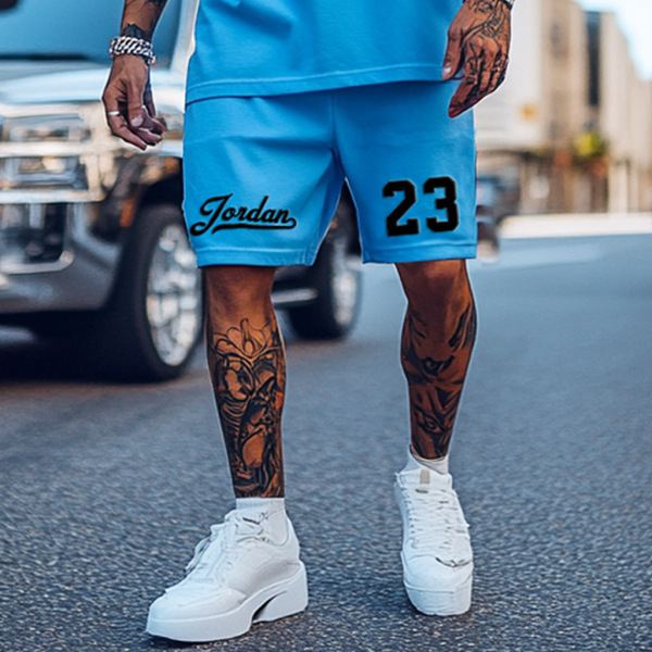 Unisex Basketball Print Athletic Oversized Streetwear Blue Short-Sleeved T-shirt and Shorts Set