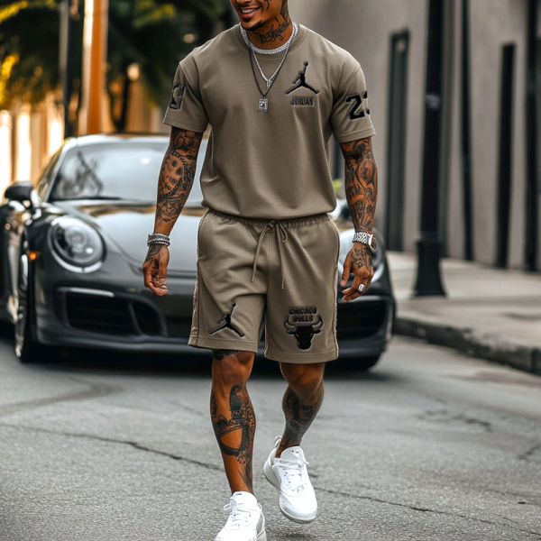 Unisex Basketball Print Streetwear Khaki T-shirt and Shorts Set