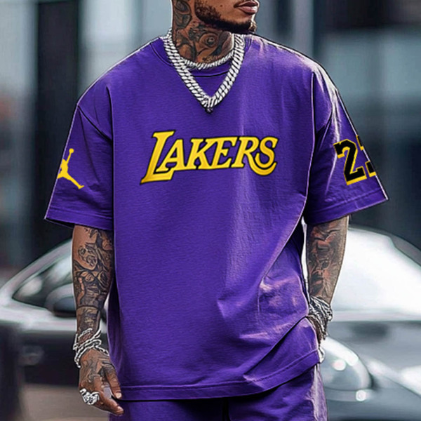 Unisex Basketball Print Oversized Streetwear Purple Short-Sleeved T-shirt and Shorts Set