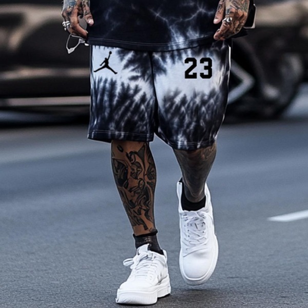 Unisex Black and White Tie-Dye Basketball Print Oversized Streetwear Short-Sleeved T-shirt and Shorts Set