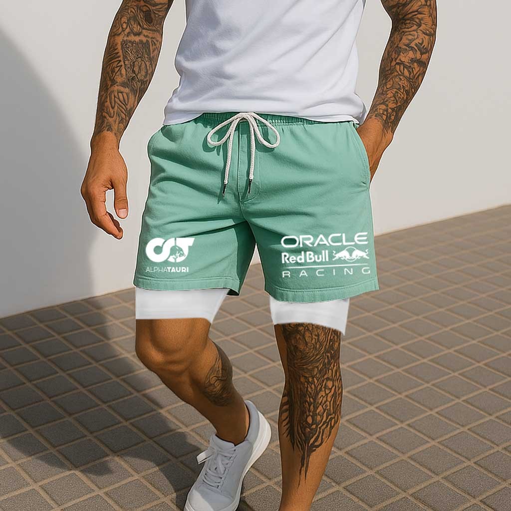 Men's Racing Double Layer 2 In 1 Print Drawstring Sports Shorts