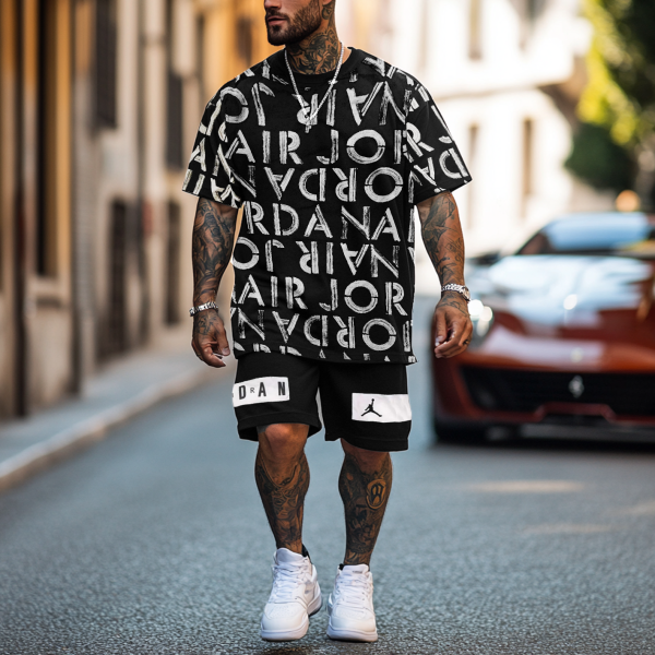 Unisex Basketball Print Oversized Streetwear Black Short-Sleeved T-shirt and Shorts Set
