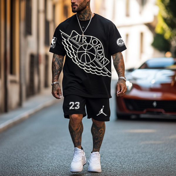 Unisex Basketball Foamed Print Oversized Streetwear Black Short-Sleeved T-shirt and Shorts Set