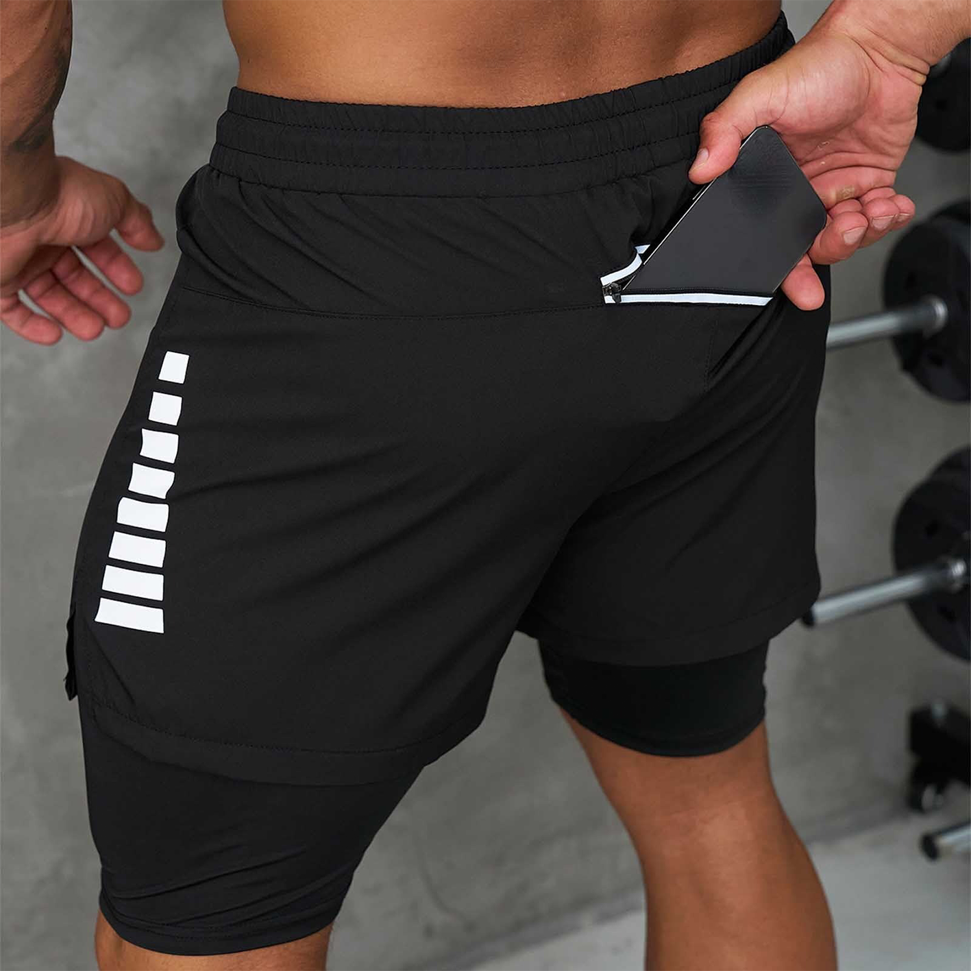 Men's Race Car Logo Print Black Double Layer Sports Shorts