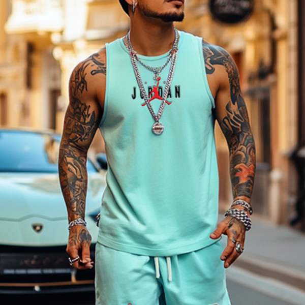 Unisex Basketball Print Inspired Bright Blue Tank Top and Stripes Shorts Set