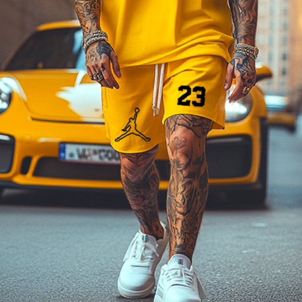 Unisex Oversize Basketball Print Yellow T-shirt and Shorts Set