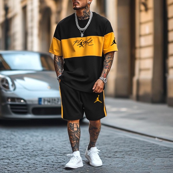 Unisex Basketball Flight Print Color Block Oversized Streetwear Short-Sleeved T-shirt and Shorts Set