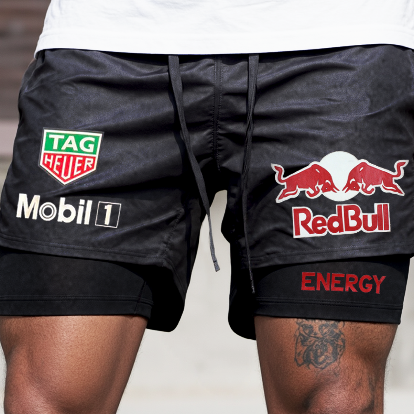 Men's Race Car Logo Print Black Double Layer Sports Shorts
