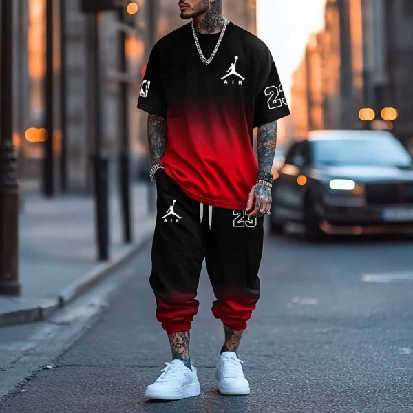 Unisex Black Red Gradient Basketball Print Oversized Streetwear Short-Sleeved T-shirt and Sweatpants Set