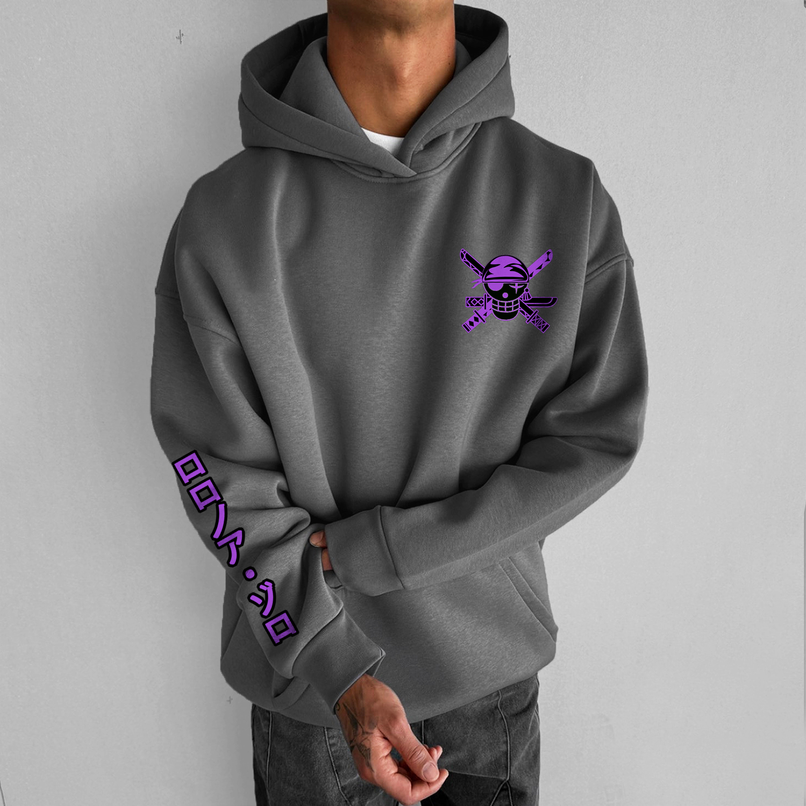 Unisex Cartoon Straw Hat Pirate Print Loose Hoodie