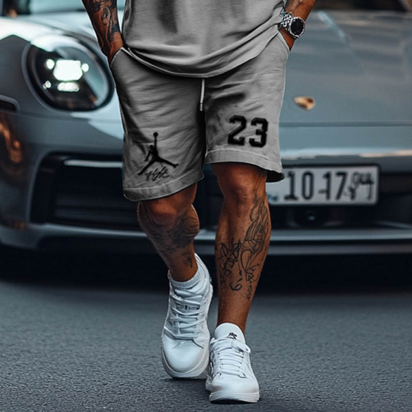 Unisex Basketball Flight Print Streetwear Gray Tank Top and Shorts Set