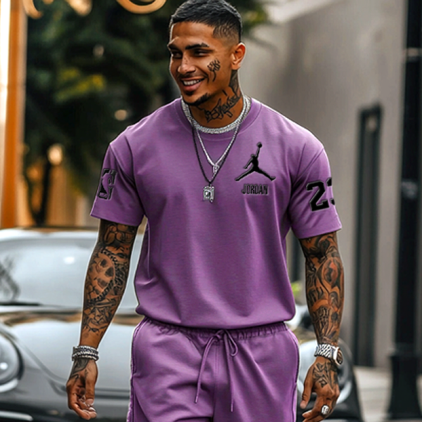 Unisex Basketball Print Streetwear Khaki T-shirt and Shorts Set