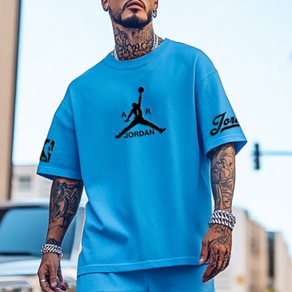 Unisex Basketball Print Athletic Oversized Streetwear Blue Short-Sleeved T-shirt and Shorts Set