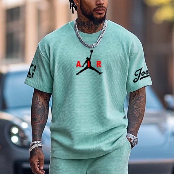 Unisex Waffle Knit Basketball Print Teal Oversized Streetwear Short-Sleeved T-shirt and Shorts Set
