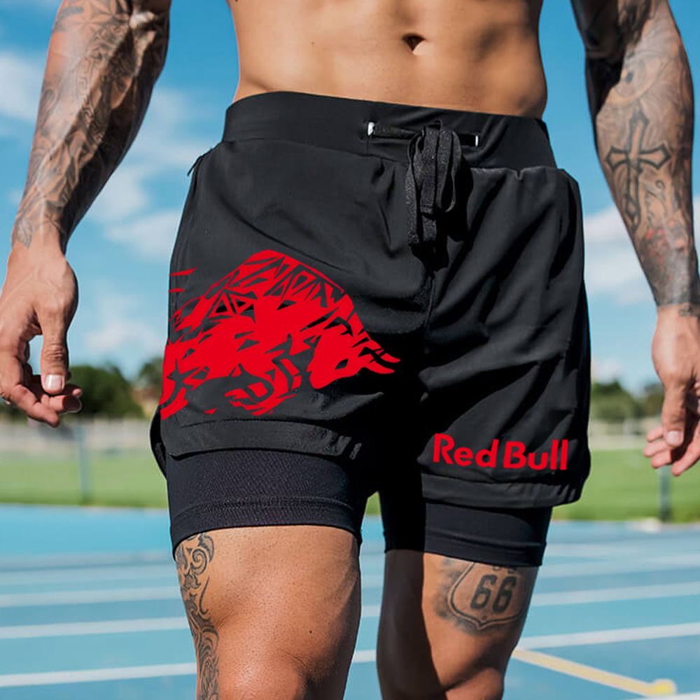 Men's Racing Logo Print Double Layer Sports Shorts