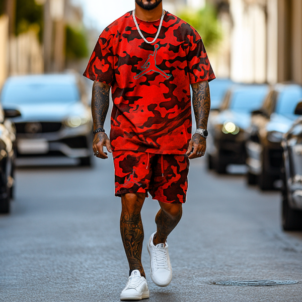 Unisex Basketball Red Camouflage Print Oversize T-shirt and Shorts Set