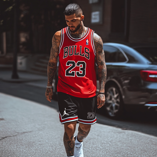Unisex Basketball Print Inspired Athletic Red Stripes Tank Top and Bla