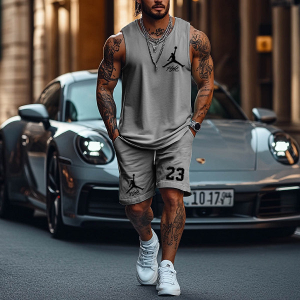 Unisex Basketball Flight Print Streetwear Gray Tank Top and Shorts Set