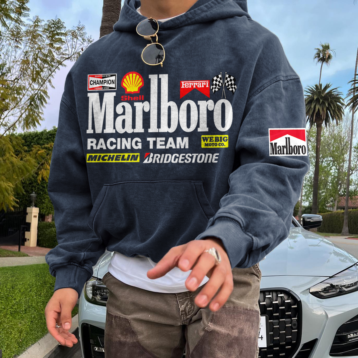 Unisex Vintage Oversized Racing Graphic Print Pocket Comfort Hoodie Sweatshirt
