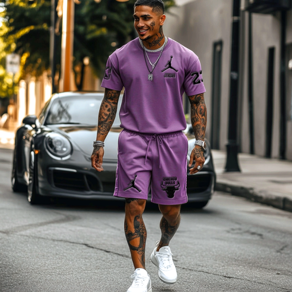 Unisex Basketball Print Streetwear Khaki T-shirt and Shorts Set