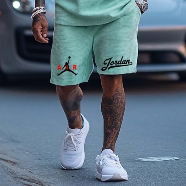 Unisex Waffle Knit Basketball Print Teal Oversized Streetwear Short-Sleeved T-shirt and Shorts Set