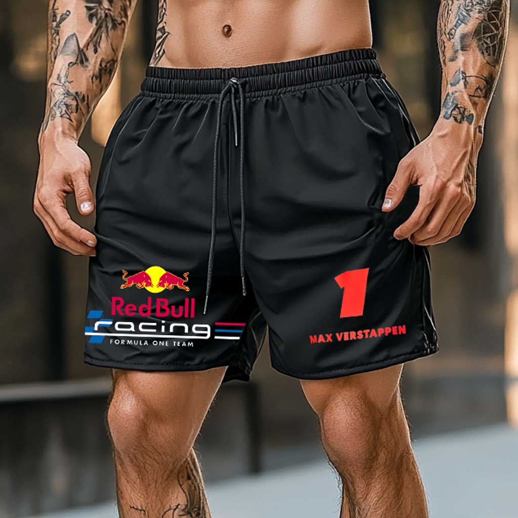 Men's Racing Print Elastic Drawstring Black Sports Shorts
