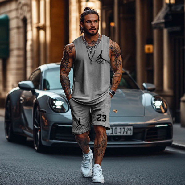 Unisex Basketball Flight Print Streetwear Gray Tank Top and Shorts Set