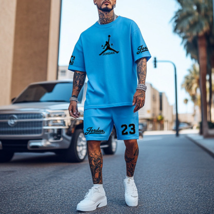 Unisex Basketball Print Athletic Oversized Streetwear Blue Short-Sleeved T-shirt and Shorts Set