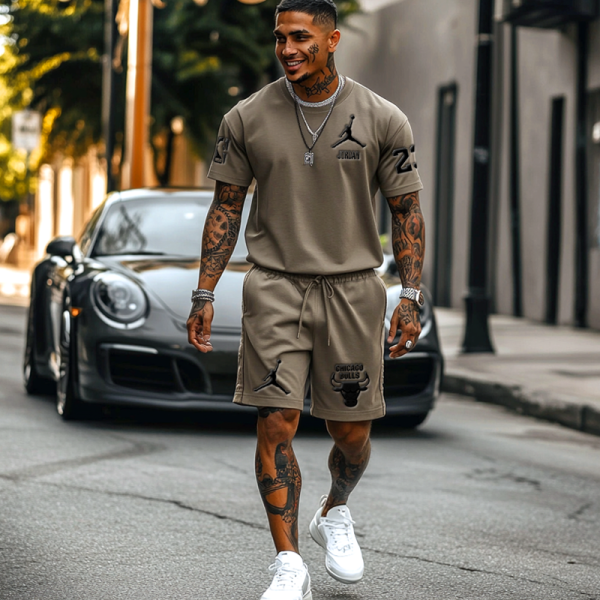 Unisex Basketball Print Streetwear Khaki T-shirt and Shorts Set