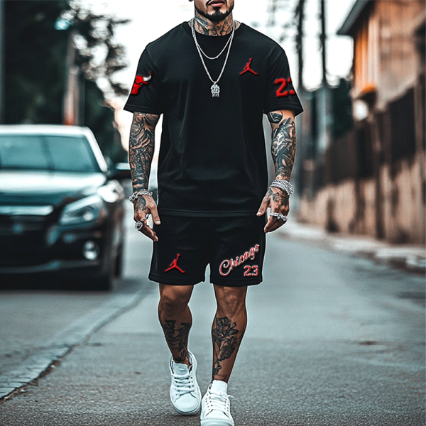 Unisex Oversize Basketball Print Black T-shirt and Shorts Set