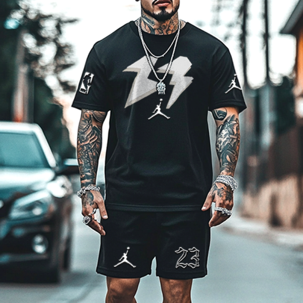Unisex Basketball Oversize Black Print T-shirt and Shorts Set