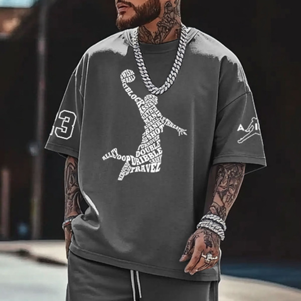 Unisex Basketball Take Off Print Oversized Streetwear Gray Short-Sleeved T-shirt and Shorts Set