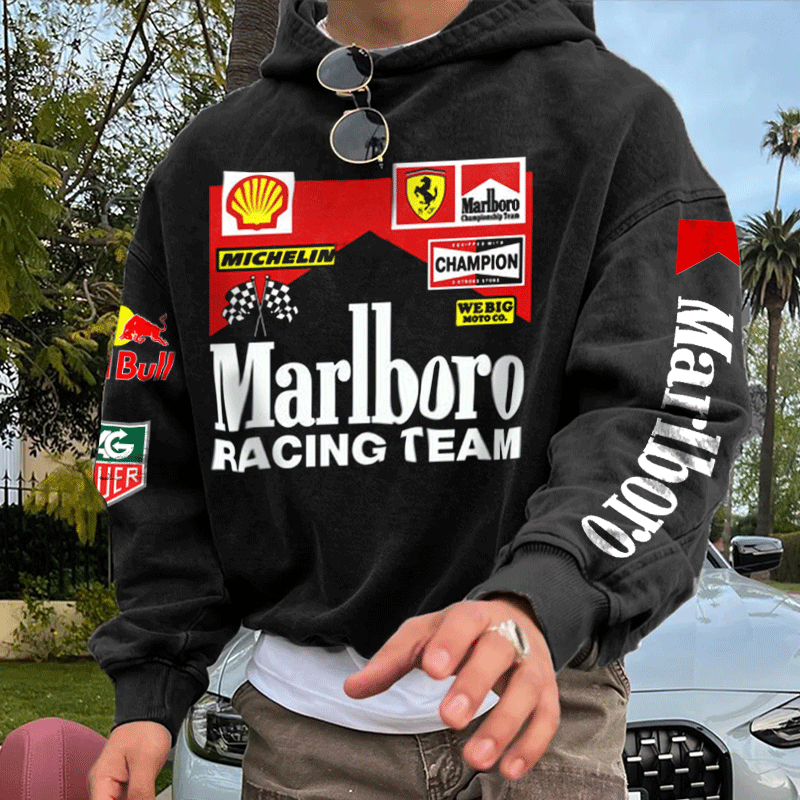 Men's Vintage Racing Print Black Oversize Hoodie