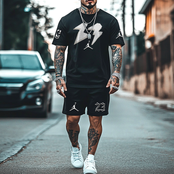 Unisex Basketball Oversize Black Print T-shirt and Shorts Set