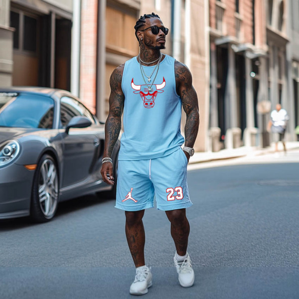 Unisex Basketball Sports Print Streetwear Light Blue Tank Top and Shorts Set