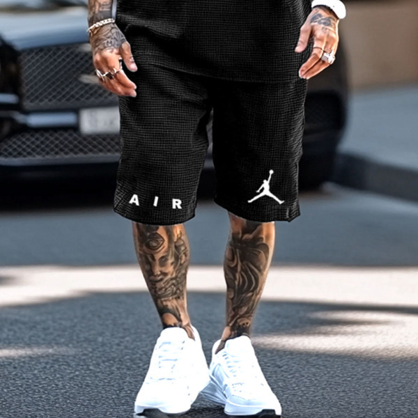 Unisex Waffle Knit Basketball Print Oversized Streetwear Black Short-Sleeved T-shirt and Shorts Set
