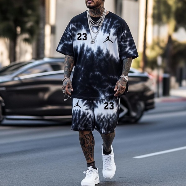 Unisex Black and White Tie-Dye Basketball Print Oversized Streetwear Short-Sleeved T-shirt and Shorts Set
