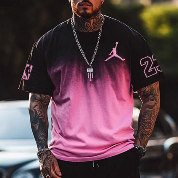 Unisex Basketball Print Black and Pink Gradient Oversized Streetwear Short-Sleeved T-shirt and Shorts Set