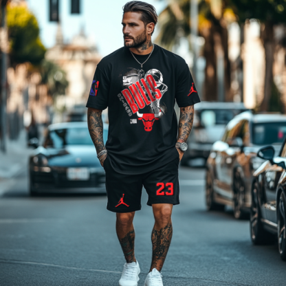 Unisex Basketball Oversize Bull Print T-shirt and Shorts Set