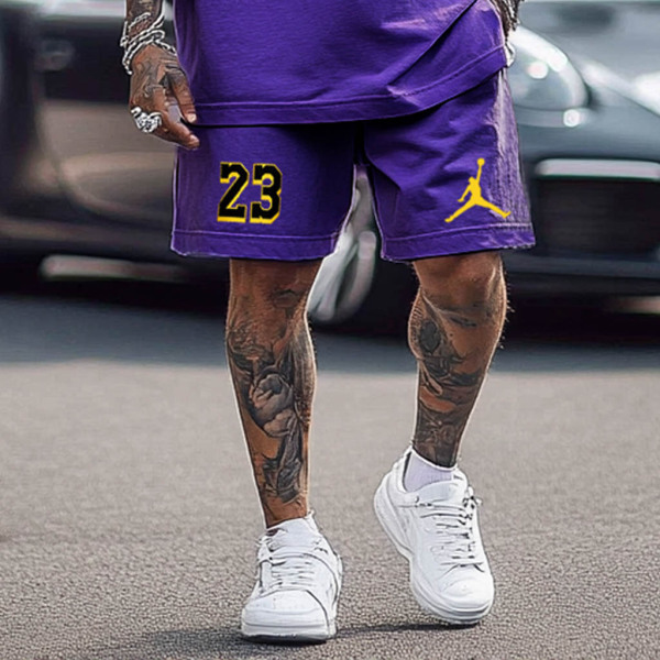 Unisex Basketball Print Oversized Streetwear Purple Short-Sleeved T-shirt and Shorts Set