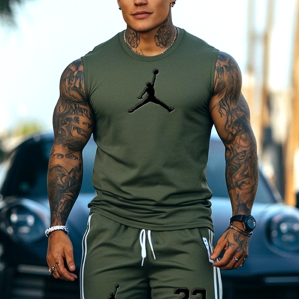 Unisex Basketball Print Inspired Olive Green Tank Top and Stripes Shorts Set