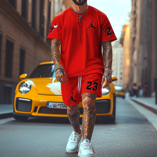 Unisex Oversize Basketball Print Red T-shirt and Shorts Set
